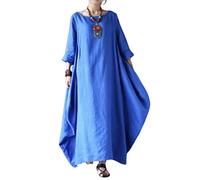 MOGSA Vestido Maxi de Primavera Suelto Cuello Redondo Manga Media Gran Vuelo Algodón Lino Vestido Largo-Azul,Xxl