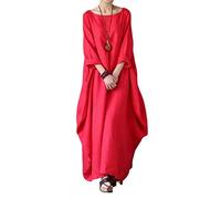 MOGSA Vestido Maxi de Primavera Suelto Cuello Redondo Manga Media Gran Vuelo Algodón Lino Vestido Largo-Rojo,Xl