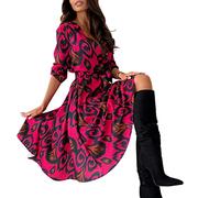 MOGSA Vestido Maxi Vestido de Mujer Botones Cuello en V Manga Larga Vestidos Primavera Fiesta Elegante Mujeres-Rojo,S