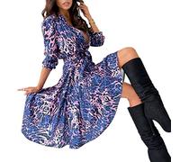 MOGSA Vestido Maxi Vestido de Mujer con Botones Cuello en V Manga Larga Vestidos Primavera Fiesta Elegante Mujeres-Azul,L