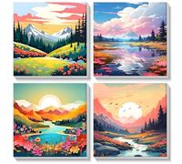 MOGTAA 4 Pack Montañas Pintar por Numeros Adultos Principiantes con Marco, Kit DIY Atardecer Cuadros para Paisaje Pintar por Numeros, Paint by Numbers Kits, Decoración para el Hogar 20x20cm