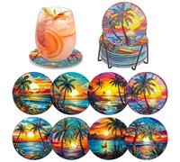 MOGTAA 8 piezas de posavasos de arte de diamante con soporte, kits de posavasos de arte de diamante 5D con paisaje de árbol para adultos y principiantes, posavasos redondos de pintura de diamante DIY