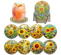 MOGTAA 8 piezas de posavasos de arte de diamante con soporte, kits de posavasos de arte de diamante 5D con girasoles para adultos y principiantes, posavasos redondos de pintura de diamante para