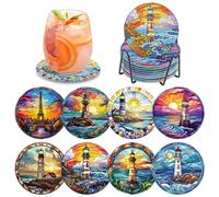 MOGTAA 8 posavasos de arte de diamantes con soporte, kits de posavasos de diamante de faro 5D para adultos principiantes, posavasos redondos de pintura de diamantes para decoración del hogar