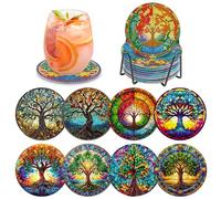 MOGTAA 8 posavasos de pintura de diamantes con soporte, 5D Diamond Painting Árbol de la vida, juego de pintura de diamantes, imágenes para adultos y niños, posavasos de diamante con corcho, para