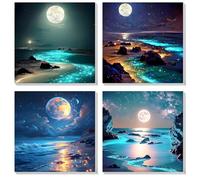 MOGTAA Paquete de 4 pinturas por números para adultos principiantes con marco, luna y lago pintura por números para niños, pintura acrílica por números en lienzo, kits de pintura al óleo por números