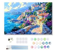 MOGTAA Pueblo Costero Pintar por Numeros Adultos con Marco, DIY Cuadros para Pintar por Números Costa, Kit de Pintura al óleo Digital para Adultos de Lienzo, Decoración para el Hogar 20x30cm