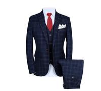 MOGU Traje de 3 Piezas a Cuadros para Hombre, Conjunto de Chaqueta, Chaleco y Pantalones para Bodas, Bailes de graduación y Negocios, Azul, 40
