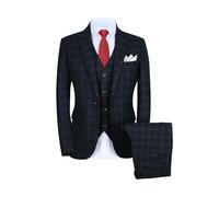 MOGU Traje de 3 Piezas a Cuadros para Hombre, Conjunto de Chaqueta, Chaleco y Pantalones para Bodas, Bailes de graduación y Negocios, Azul Oscuro, 32
