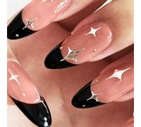 Moguri Juego de 24 uñas negras con forma de almendra, diseño de estrellas y lunas, con purpurina, pegamento de gel, con accesorios, para decoración de uñas, fiestas, bodas, San Valentín