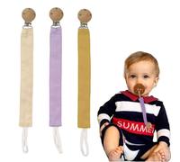 Moguri Juego de 3 cadenas para chupete de tela, cinta para chupete de algodón con clip de madera para niños y niñas, cadena para bebés con anillo de mordedor, cadenas para chupete para mam (lila,