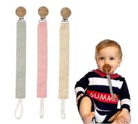 Moguri Juego de 3 cadenas para chupete de tela, cinta para chupete de algodón con clip de madera para niños y niñas, cadena para bebés con anillo de mordedor, cadenas para chupete para mam (rosa,