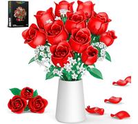 MOGZZi Kit de Construcción de Ramo de Flores para Adultos, 15 Flowers Artificiales con Rosas Rojas, Regalo para Niñas Niños 6+ Cumpleaños, Mujeres, Día de la Madre, San Valentín, Ella o Él, 459 PCS