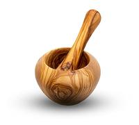 MOHA 24 Mortero con mortero de madera de olivo, hecho a mano con borde natural, mortero de cocina, mortero de madera sostenible (10 cm de diámetro)