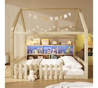 MOHUANG Cama infantil con rejilla, cama plana, 140 x 190 cm, compartimentos de almacenamiento abiertos, diseño de casa, listón de la casa, madera de pino, sin colchón, estilo minimalista, natural