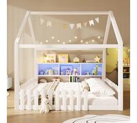 MOHUANG Cama infantil con rejilla, cama plana, 140 x 190 cm, compartimentos de almacenamiento abiertos, diseño de casa, listón de casa, madera de pino, sin colchón, estilo minimalista, color blanco