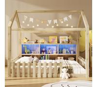 MOHUANG Cama infantil con rejilla, cama plana, 90 x 190 cm, compartimentos de almacenamiento abiertos, diseño de casa, listón de madera de pino, sin colchón, estilo minimalista, natural, natural