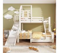 MOHUANG Litera 90 x 200 y 140 x 200 cm, cama con cajón tobogán y escalera, cama infantil con somier, diseño de cabaña de troncos, seguridad, sin colchón, color blanco