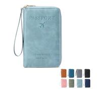 MOHXFE Multi-Functional RFID Passport Wallet,Secure ID Card Organizer with Anti-Theft Protection,Slim Leather Cover for Credit Cards, Tickets, and Cash,Essential Travel Wallet (Sky Blue)