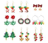 Moiegouct Juego de 9 pares de aretes de Navidad para mujer, diseño de cascabel con lazo de Navidad, joyería de vacaciones, talla única, zinc, sin gemas, talla única, zinc, sin piedras preciosas