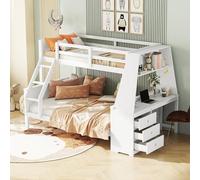 Moimhear 90/140 x 200 cm, cama infantil, equipada con mesa, gran espacio de almacenamiento, barandilla alta (blanco)
