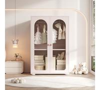 Moimhear Armario de 2 puertas, 80 × 50 × 120 cm, rosa bebé, puertas transparentes acrílicas, tiradores de cerámica, barra para colgar (1)