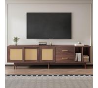 Moimhear Armario de almacenamiento para TV con cajones, de ratán marrón, diseño de 6 patas de apoyo, TV de 75 pulgadas (marrón y madera, 190 x 40 x 52 cm)