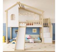 Moimhear Cama alta, 90 x 200 cm, barandilla, escalera de almacenamiento, ventana, tobogán, listón de casa, color natural + blanco