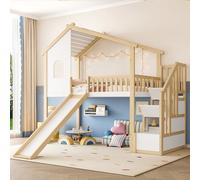 Moimhear Cama alta, 90 x 200 cm, barandilla, escalera de almacenamiento, ventana, tobogán, rejilla para la casa, sin colchón, color natural + blanco