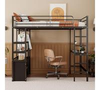 Moimhear Cama alta, 90 x 200 cm, cama con escritorio, con enchufe y USB, varios estantes, armario de almacenamiento abierto, barandilla, escalera, marco de hierro, negro
