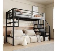 Moimhear Cama alta, 90 x 200 cm, cama de hierro, estantes, escalera de almacenamiento, espacio libre debajo de la cama para disfrazarse, barandilla, sin colchón (negro)
