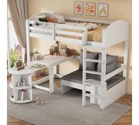 Moimhear Cama alta, 90 x 200 cm, con una escalera, con mesa extensible, sofá con espacio de almacenamiento y con tres cojines y cojín, con estantes de almacenamiento, color blanco