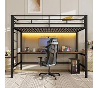Moimhear Cama Alta, barandilla, Escalera, Mesa con USB y Enchufe, Tira de luz con Control por Cable, con Luces LED, Metal (Negro-2, 90x200cm)