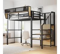 Moimhear Cama alta con escalera de seguridad y compartimento de almacenamiento flexible, cama de metal para adultos, cama para niños, litera (negro, 90 x 200 cm)