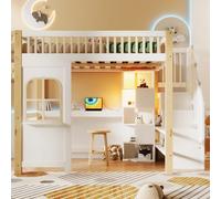 Moimhear Cama alta, con luces LED, forma de ventana, escalera, compartimento de almacenamiento abierto, escritorio, enchufe, sin colchón, blanco+natural (140 x 200 cm)