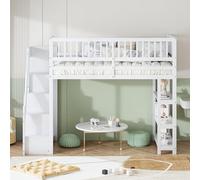 Moimhear Cama alta de 90 x 200 cm, armario alto de seguridad con armario, estantes y espacio de almacenamiento, equipado con escalera de seguridad, cuna, cama individual (blanco)