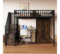 Moimhear Cama alta de metal, con diseño de barandilla de madera y rejilla metálica, con armario grande, cajones y escalera de almacenamiento, negro (90 x 200 cm)