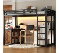 Moimhear Cama alta de metal con espacio de trabajo integrado, iluminación LED, puertos USB y mucho espacio de almacenamiento, color negro, sin colchón, 140 x 200 cm