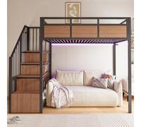 Moimhear Cama alta de metal, paneles de madera, rejilla de seguridad elevada, iluminación LED, color negro