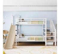 Moimhear Cama alta de metal para niños, tobogán, escalera de almacenamiento, marco de litera, puerta de rejilla de protección, estantes integrados (blanco)