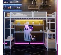 Moimhear Cama alta de metal para videojuegos, 140 x 200 cm, cama de hierro, con espacio de trabajo integrado y mucho espacio de almacenamiento, sin colchón (blanco)