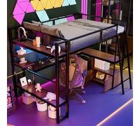 Moimhear Cama alta de metal para videojuegos con estación de trabajo integrada, iluminación LED y mucho espacio de almacenamiento, 140 x 200 cm (negro)