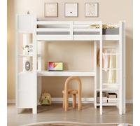 Moimhear Cama alta, estanterías, varios estantes, escritorio, armario, sin colchón (blanco)