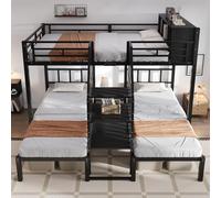Moimhear Cama de hierro, litera, con tres plazas, escalera cómoda con barandillas, estructura de marco de cama estable, cama superior con espacio de almacenamiento, hierro, negro, 90 x 200 cm y 140 x