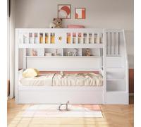 Moimhear Cama de madera, debajo de la cama hidráulica, escalera de almacenamiento, estanterías, cama alta, litera, cama juvenil (hidráulica, blanco-1, 90 x 200 cm)