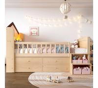 Moimhear Cama de media altura, 90 x 200 cm, forma de casa, ventana, 4 cajones, barra de luz LED, escalera de almacenamiento, sin colchón (natural)