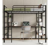 Moimhear Cama de metal de 140 x 200 cm con estructura, cama de hierro con escritorio, altillo con cuatro pequeños estantes y una gran librería para niños, adolescentes, color negro