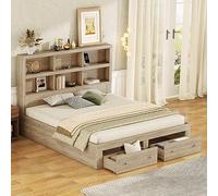 Moimhear Cama Doble de 160 x 200 cm, Madera Maciza, Cama King con Dos cajones a los pies de la Cama, cabecero con Espacio de Almacenamiento (Natural)