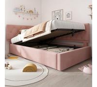 Moimhear Cama tapizada, 90 x 200 cm, sofá cama con almacenamiento hidráulico, cama infantil, cama juvenil, estructura de cama con somier de madera, terciopelo (rosa)
