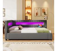 Moimhear Cama tapizada, barra de luz LED con mando a distancia al final de la cama, almacenamiento hidráulico, sin colchón, USB + Type-C, lino (gris)